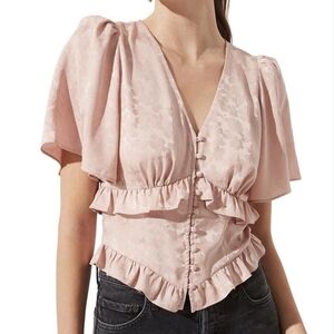 ASTR The Label Button Down Flutter Sleeves Blouse, Small, Blush Color